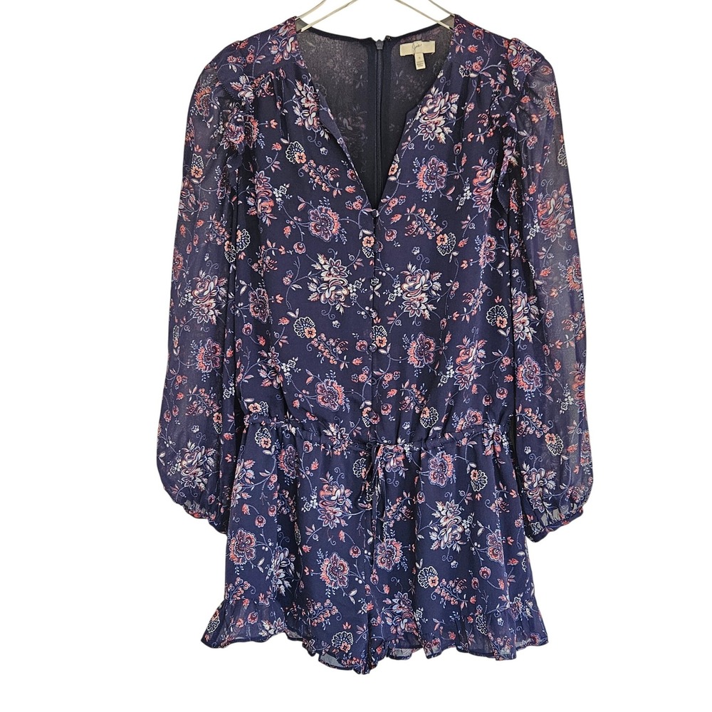 Joie Women Cherita Silk Floral Romper S Blue Sheer Long Sleeve Drawstring Waist - Picture 3 of 10